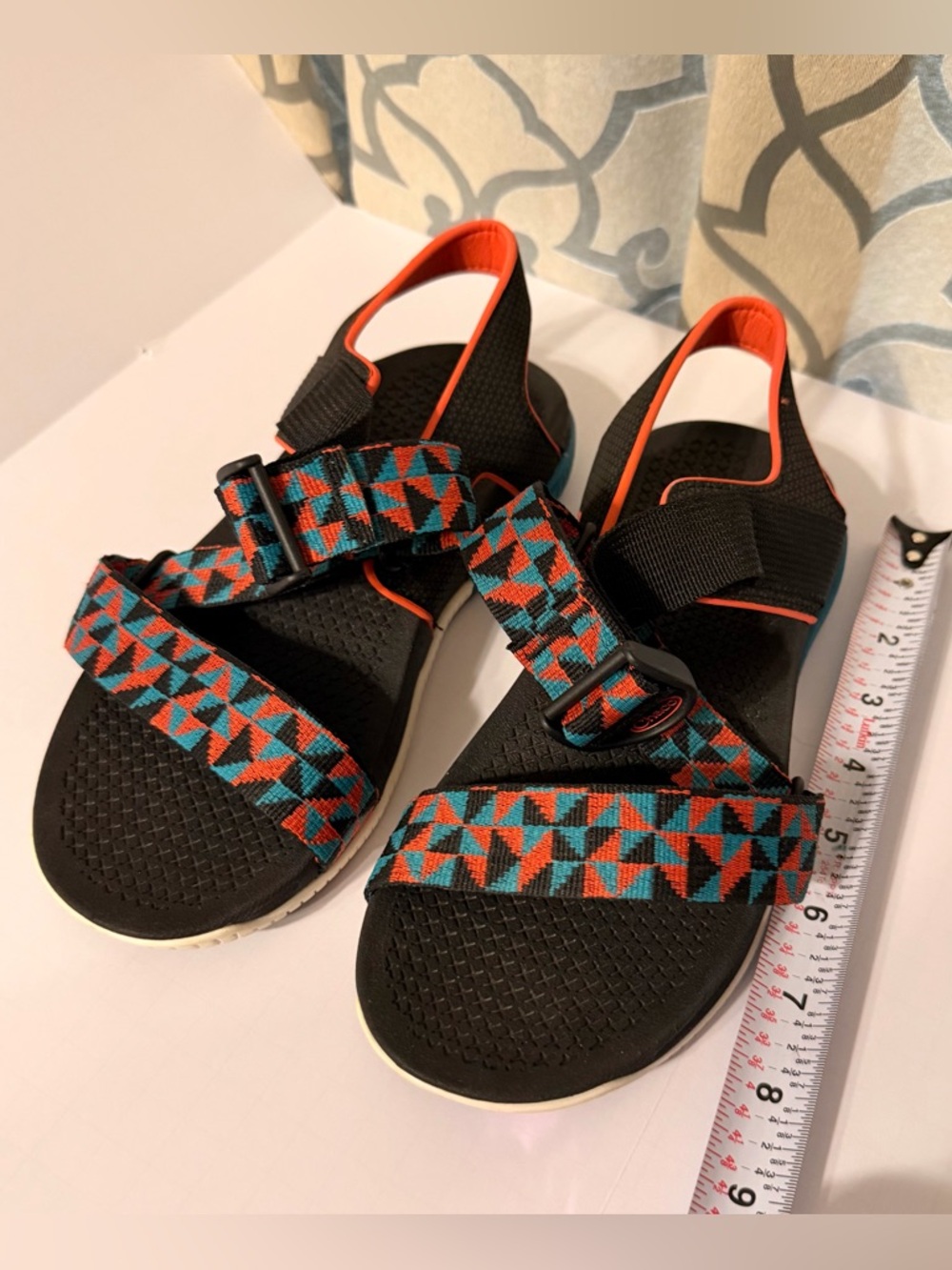 Chacos Black Sandals with Teal and Orange Geometric Straps